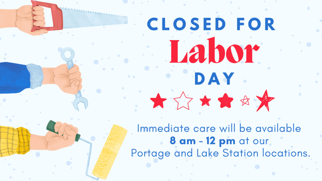 Closed for Labor Day lobby screen. There are cartoon hands holding tools to the left of the design.