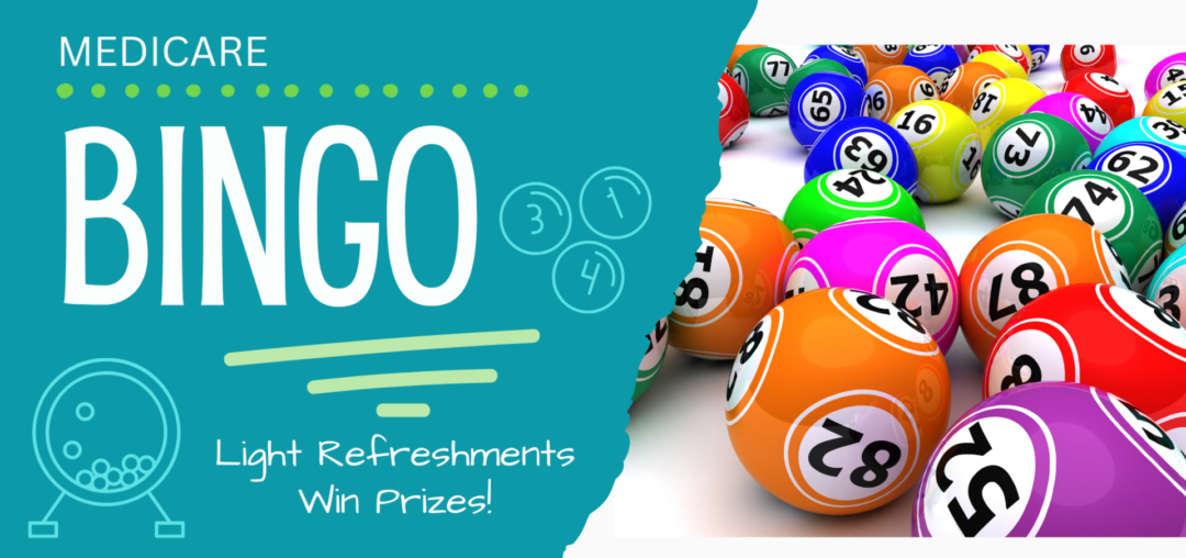 Medicare bingo lobby screen. There are bingo balls on the right side of the design.