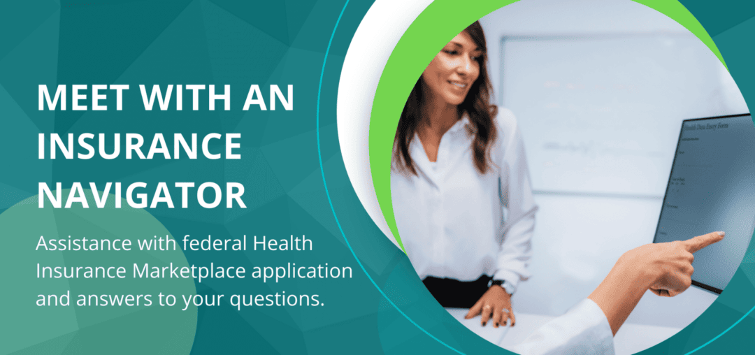 Meet with an insurance navigator, person pointing to a computer with a woman looking at the screen