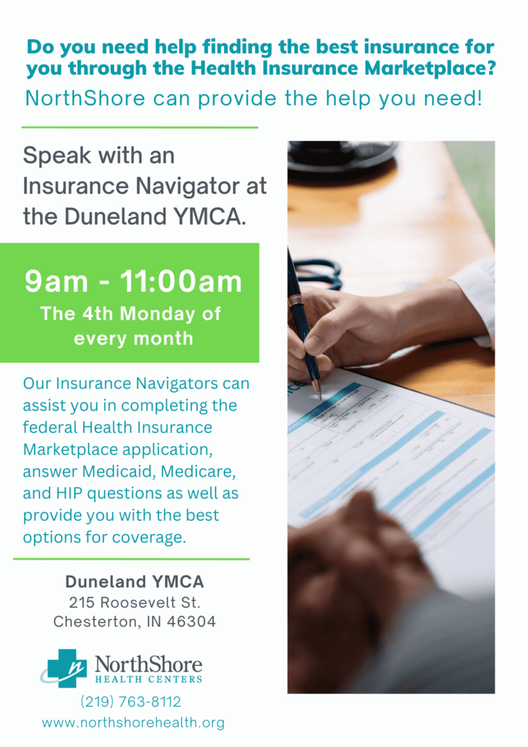 Need help finding insurance? flyer for an event hosted at the Duneland YMCA. The design has a person filling out a form on the right side of the informational text.
