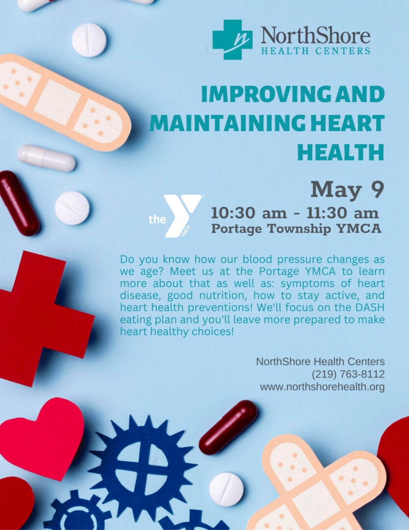 Improving and maintaining heart health event flyer hosted at the Portage YMCA. There are medical design decals around the flyer, like bandages and pills.