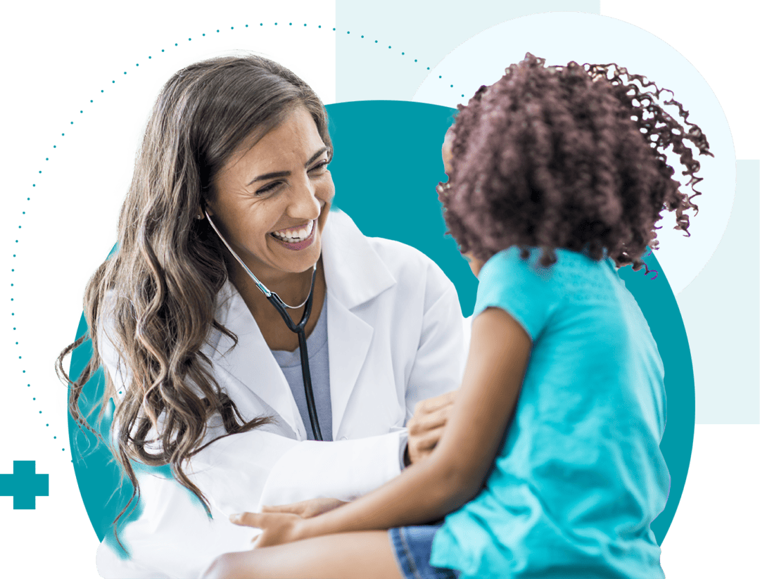 A woman is talking to a child in a doctor's office.