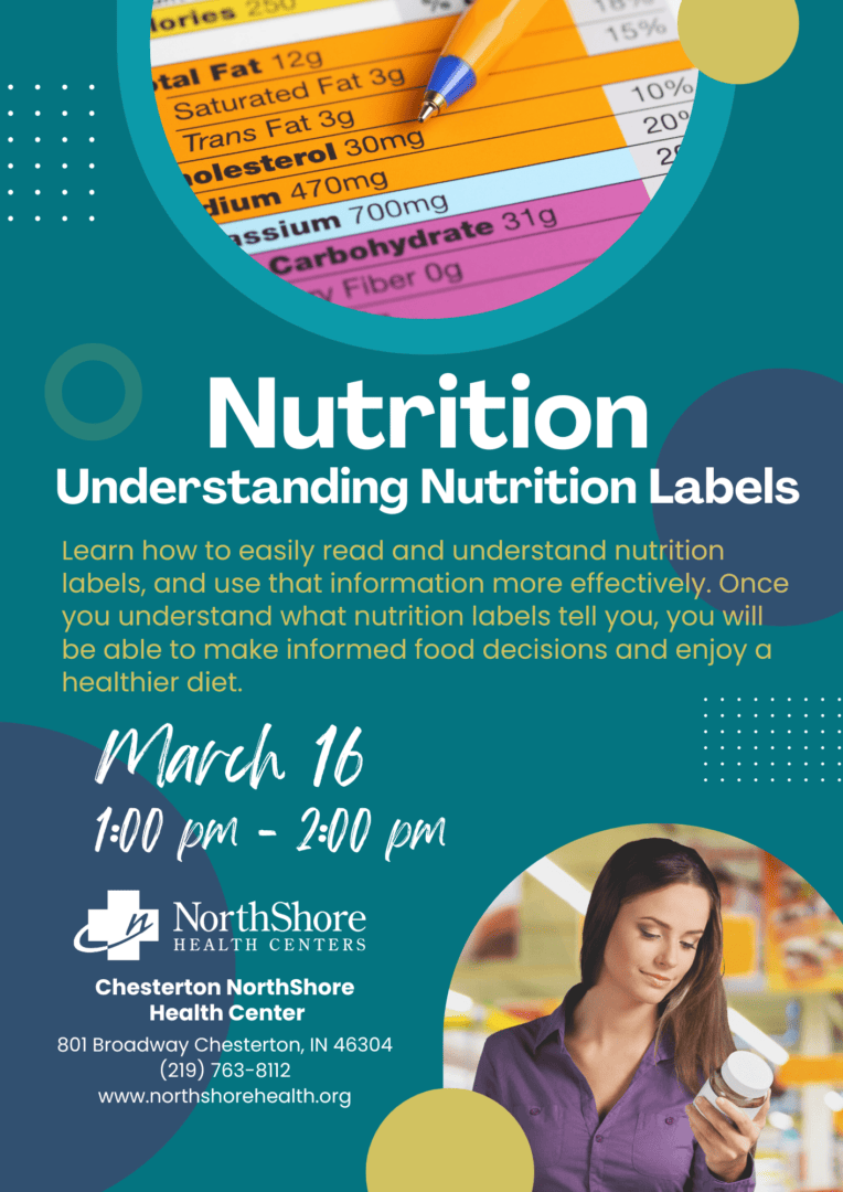 Flyer for understanding labels event at the Chesterton NorthShore Health Center. The design has a woman in the bottom right corner holding a vitamin bottle.