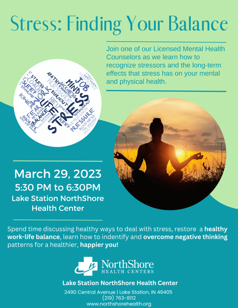 Stress finding your balance event flyer hosted at the Lake Station NorthShore Health Center. The design has a person in the middle-right of the flyer doing a yoga pose at sunset.