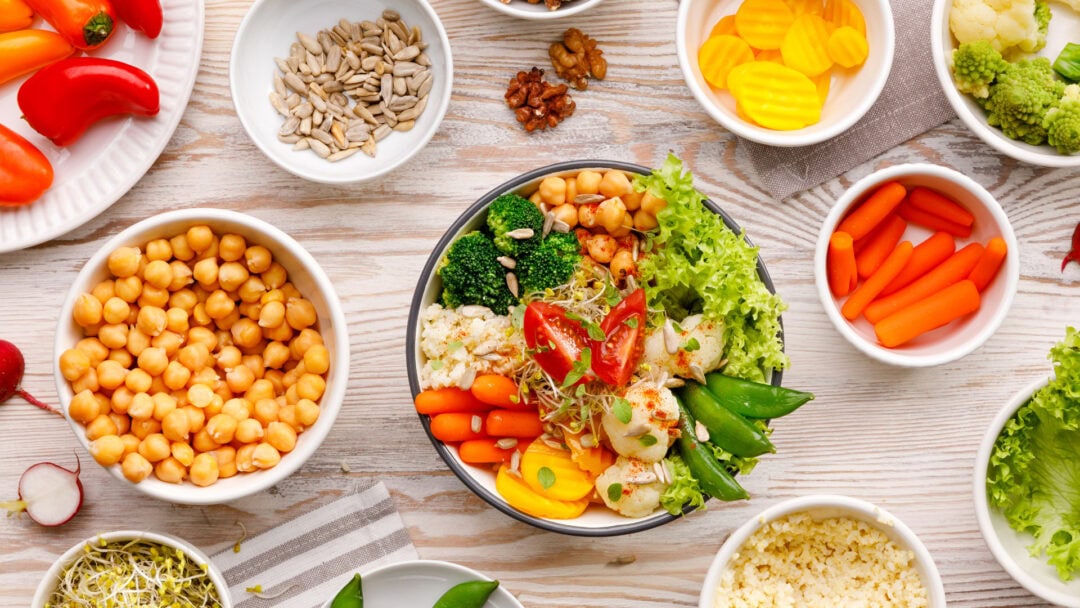 Healthy mixed vegetable salad with chickpeas and fresh greens.