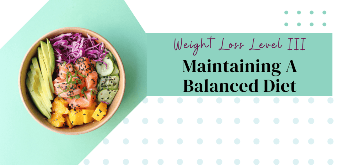 Weight Loss Level III - Maintaining a Balanced Diet. There is a bowl of fruits and vegetables to the left of the design.